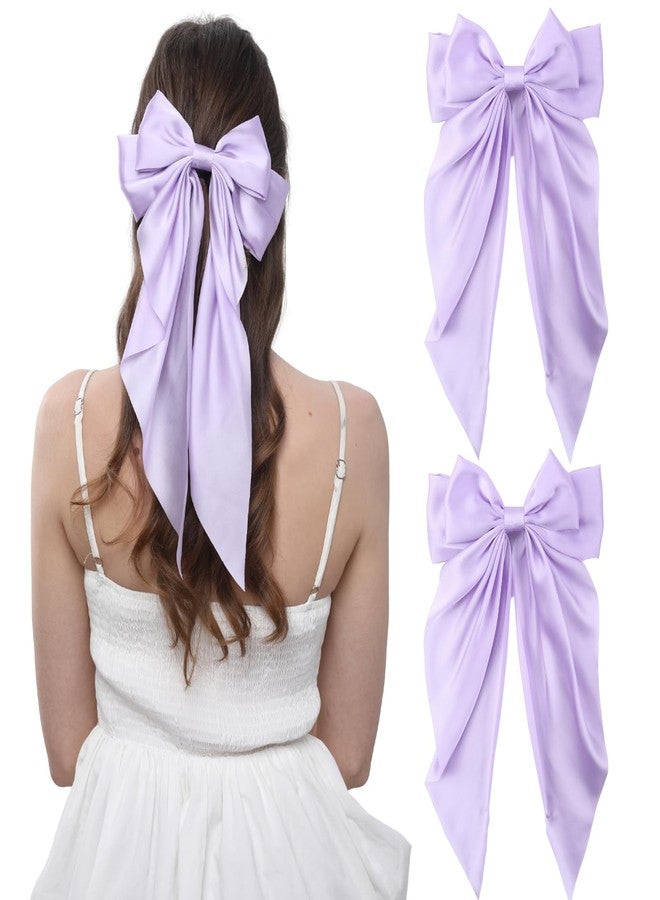 LuSeren 2PCS Big Hair Bow Clips for Women Girls – Purple Satin Ribbon Bow Barrettes with Long Tails, Large Hair Accessories for Ponytail, Party, Prom & Wedding - Image 1